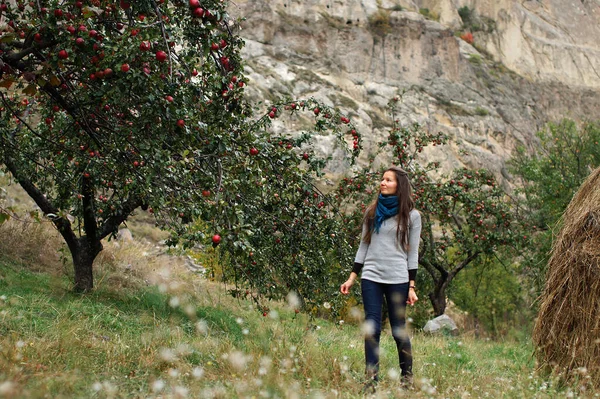 Mulher bonita nova que anda elegante entre árvores de maçã com maçãs vermelhas grandes no jardim. Fundo de montanhas rochosas — Fotografia de Stock