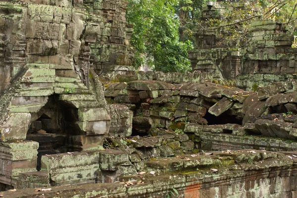 Kamboçya 'daki Angkor' un eski taş tapınağı harabesi, yakın plan. Antik ağaç kökleriyle kaplanmış taş.
