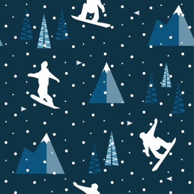 Kışın kar düşen manzarada atlama snowboard. Sorunsuz vektör desen. Düz çokgen tasarımı