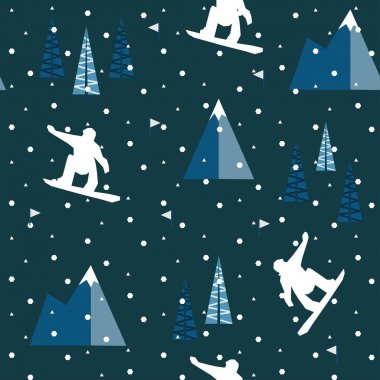 Kışın kar düşen manzarada atlama snowboard. Sorunsuz vektör desen. Düz çokgen tasarımı