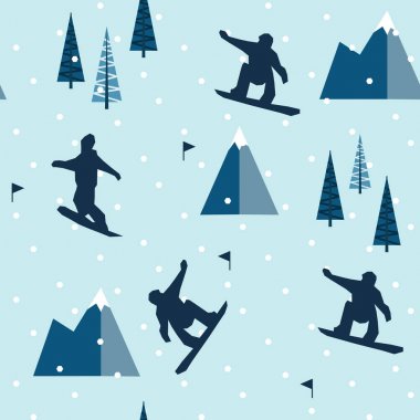 Kışın kar düşen manzarada atlama snowboard. Sorunsuz vektör desen. Düz çokgen tasarımı