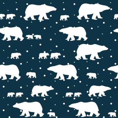 Kutup ayısı ile alt satırında yolda. Kış manzara sorunsuz vektör desen. Düşen Ble arka plan kar. Çokgen Teras tasarım