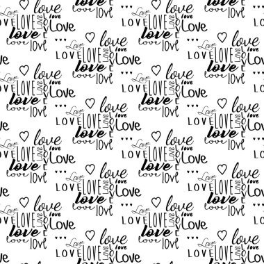 Tipografik aşk sorunsuz vektör desen. Divrese yazı tipleri Sevgililer günü doku. Kalp sembol arka plan