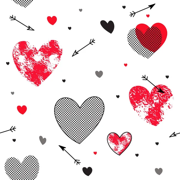 垃圾设计爱无缝矢量模式 不同的心脏与 Geomertic 时尚情人节孟菲斯纹理 — 图库矢量图片