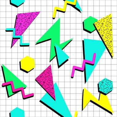 Beyaz arka plan üzerinde renkli Memphis tarzı Dikişsiz desen geometrik öğeleri 90'lı yılların tasarım doku.