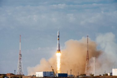 Baikonur, Rusya - 10.23.12: İnsanlı roket fırlatma bayrağı
