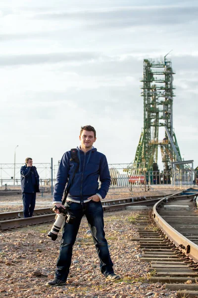 Baikonur, Russia - 10.23.12: Photographer on Launch pad for rockets, Kazakhstan.