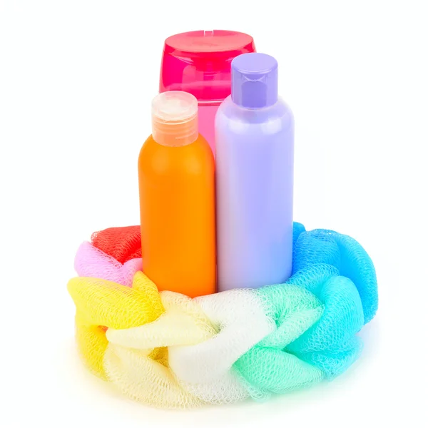 Set di shampoo e sapone liquido isolato su sfondo bianco — Foto Stock