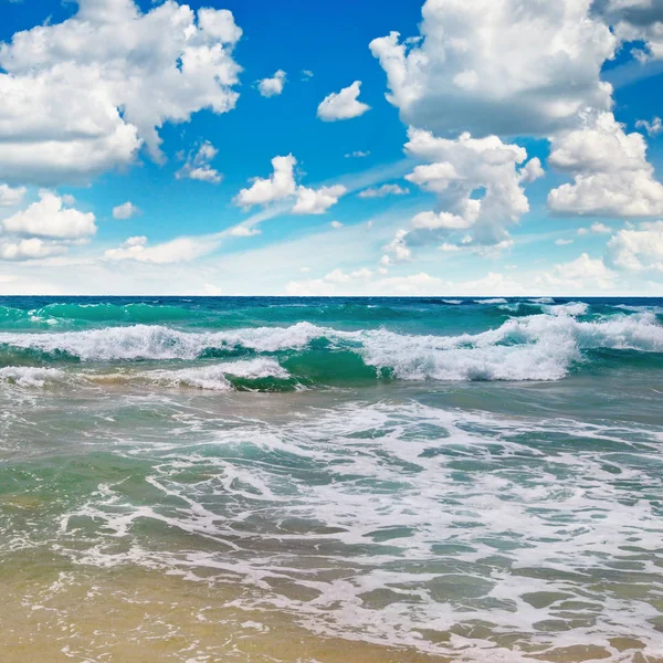 Valtameri, hiekkaranta ja sininen taivas — kuvapankkivalokuva