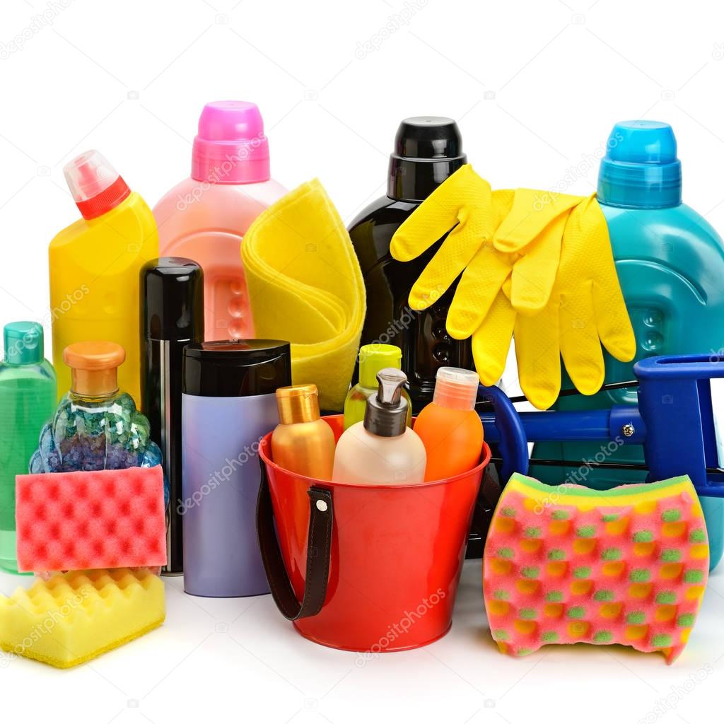 household chemicals isolated on white background