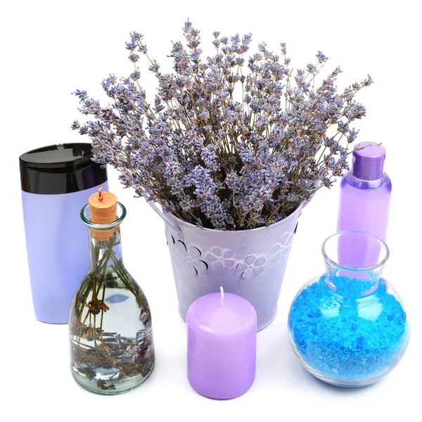 Lavender Gels, shampoos, salt and scented candles isolated on wh — Stock Photo, Image