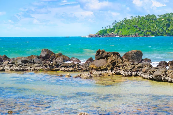 サンゴとヤシの木、ラグーンとビーチ熱帯海 — ストック写真