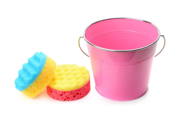 Bucket and foam sponge isolated on white background — Stock Photo, Image