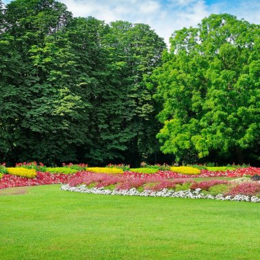 Güzel çiçek tarhları olan yaz parkı.