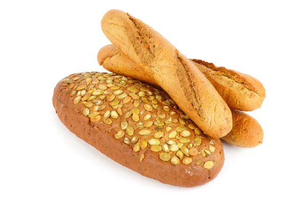 French baguette bread with pumpkin seeds. Isolated on white back — Stock Photo, Image