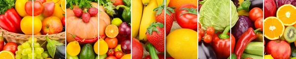 Panoramic collection fresh fruits and vegetables background. Wid — Stock Photo, Image