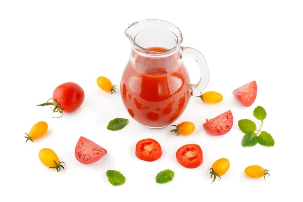 Fresh tomato juice isolated on white background. Flat lay,top vi — Stock Photo, Image