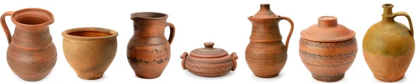 Conjunto de viejas herramientas de cocina de cerámica. collage panorámico. Foto amplia Imagen de archivo