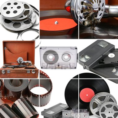 Collage of retro music and photo and video equipment. Gramophone clipart