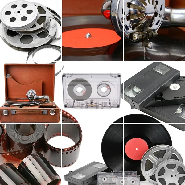Kolaj retro müzik ve fotoğraf ve video ekipmanları. Gramofon