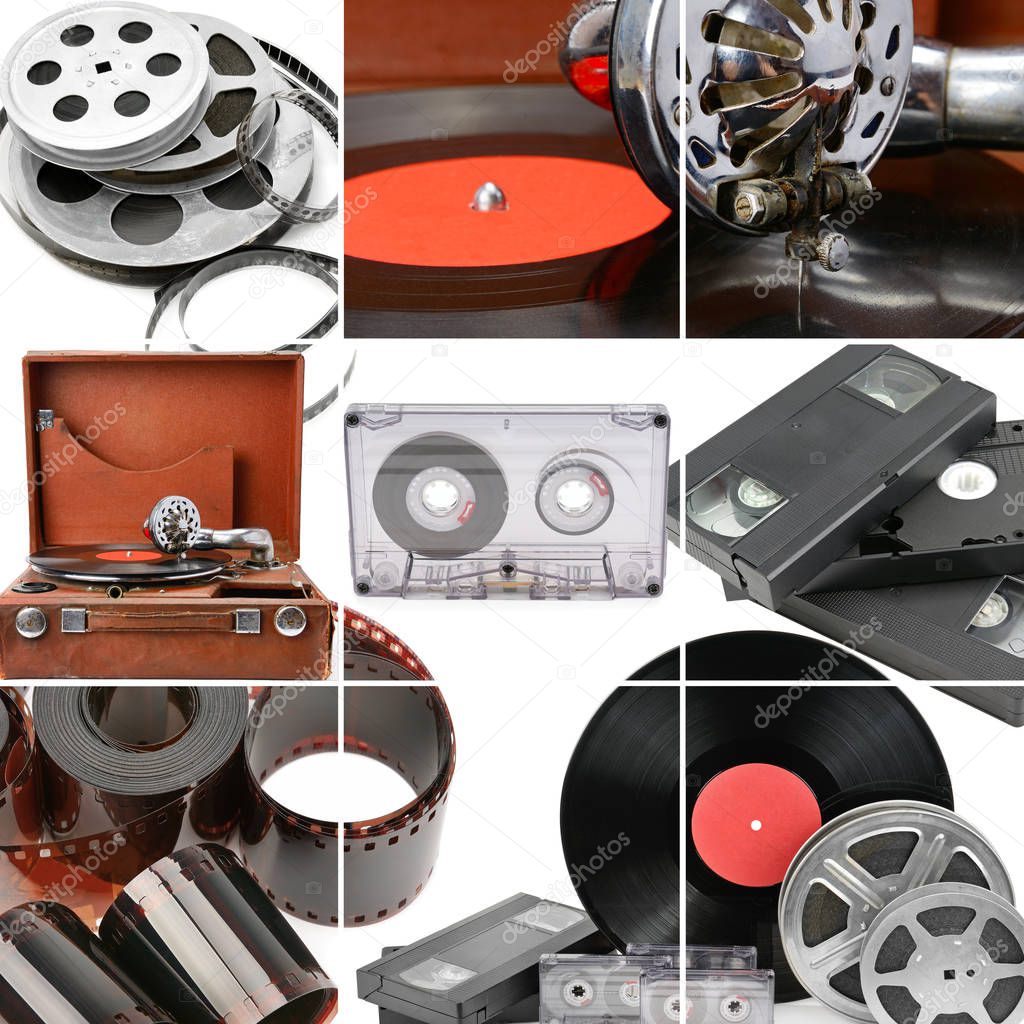 Collage of retro music and photo and video equipment. Gramophone