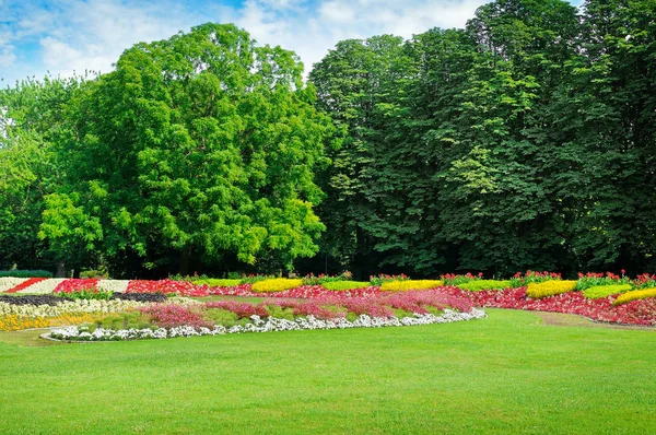 Letní park s nádhernými květinovými záhony. — Stock fotografie