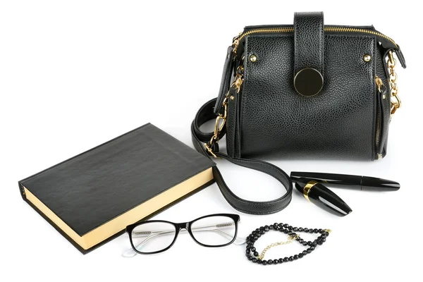 Elegant Set Accessory Women Bag Glasses Book Cosmetics Beads Isolated — Stock Photo, Image