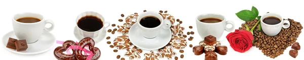 กาแฟและช อคโกแลตร อนในถ วยขาวขนมและค แยกก นบนพ นหล ขาว คอลลาจพาโนรามา ภาพกว — ภาพถ่ายสต็อก