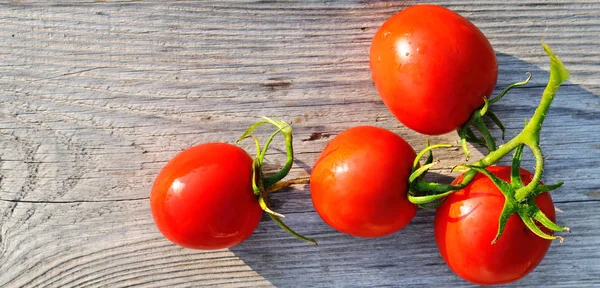 Rote Tomaten auf hölzerner Oberfläche. breites Foto. — Stockfoto