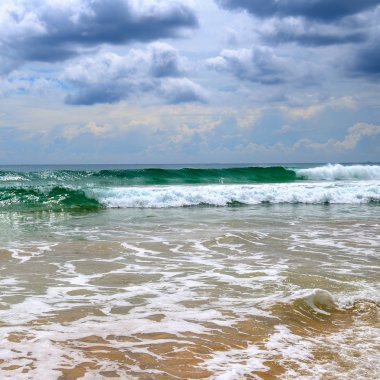 Sandy beach. Şiddetli yağmur ve tropikal st ile dramatik cennet