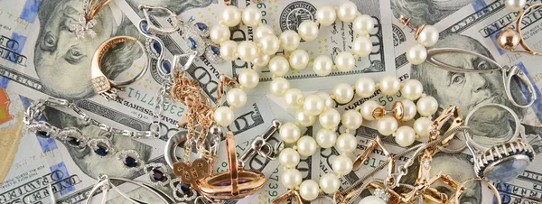 Pozadí Amerických Dolarů Šperky Pohled Ploché Ležel Top Široká Foto — Stock fotografie