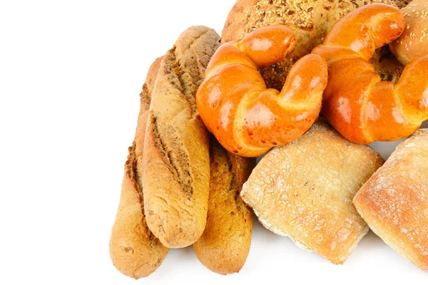 Pane Cereali Croissant Baguette Dolci Assortimento Isolato Fondo Bianco Spazio — Foto Stock