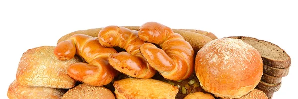 Tahıl ekmek, kruvasan ve tatlı hamur işleri üzerinde beyaz ba izole — Stok fotoğraf