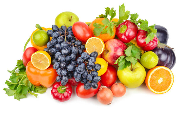 Fruits and vegetables isolated on a white background. Healthy food.