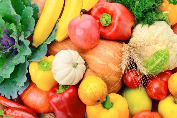 A set of fresh vegetables and fruits. Bright beautiful background. Healthy food.