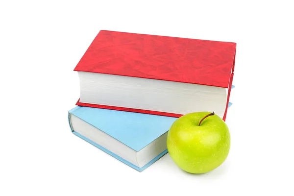 Βιβλία Και Μήλο Που Απομονώνονται Λευκό Φόντο — Φωτογραφία Αρχείου
