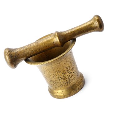 metal bakır harç ve beyaz arka plan üzerinde izole havaneli