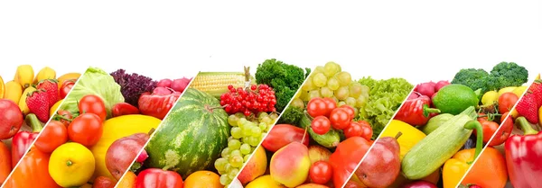 Coleta panorâmica de frutas e hortaliças isoladas em bac branco — Fotografia de Stock