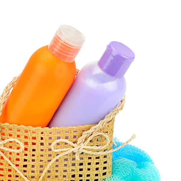 Shampoo, liquid soap and washcloth isolated on a white backgroun — Stock Photo, Image