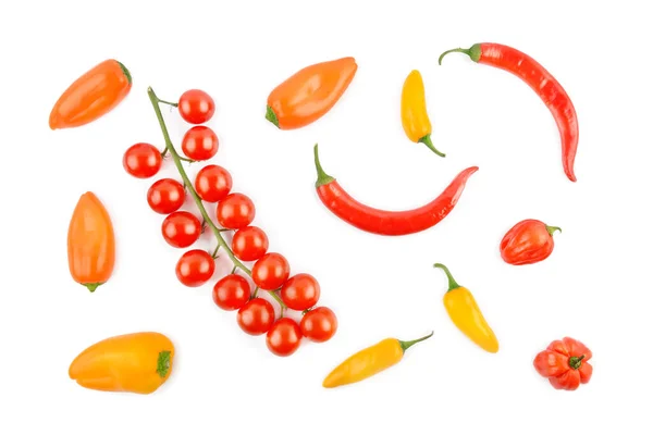 Cherry Tomatoes Cayenne Chili Pepper Isolated White Background Colorful Background — Stock Photo, Image