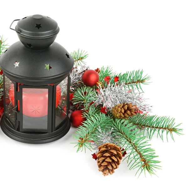 Composição Das Decorações Natal Ornamentos Brilhantes Lanterna Mão Ramos Abeto — Fotografia de Stock