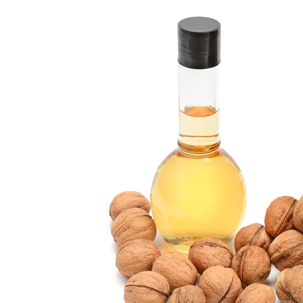 Ořechový Olej Ořechy Izolované Bílém Pozadí Volné Místo Pro Text — Stock fotografie