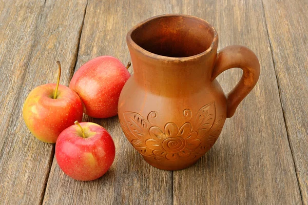 Apples Crock Cider Wooden Table Healthy Food — Stock Photo, Image