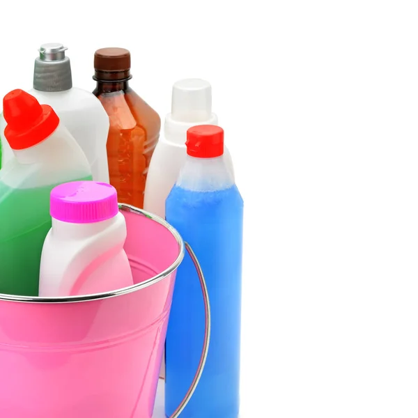 Set Prodotti Chimici Uso Domestico Disinfezione Pulizia Isolato Sfondo Bianco — Foto Stock