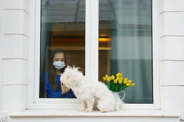 Genç kız pencereden evcil köpeğine bakıyor.
