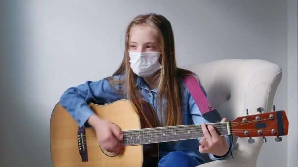 Playing Guitar Home Quarantine Time Young Girl Stay Home Alone — Stock Video