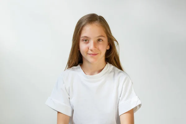 Pretty Smiling Joyfully Girl Fair Hair Dressed Casually Looking Satisfaction — Stock Photo, Image