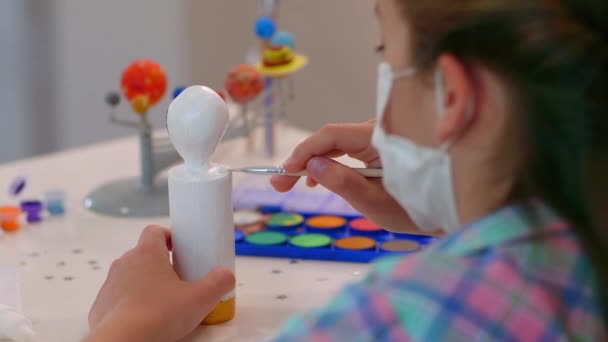 Homework Paintbrush Small Girl Handmade Wood Model Astronaut Kids Room — Stock Video