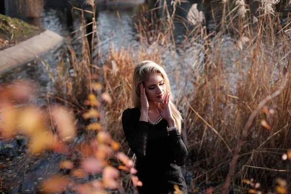 Vacker flicka bland hösten — Stockfoto