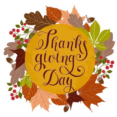 Şükran günü sonbahar bir çerçeve içinde yazı el yapımı bırakır. EPS 10 vektör çizim için tebrik kartı, davet, kartpostal, afiş, poster, baskı, etiketi, web. 